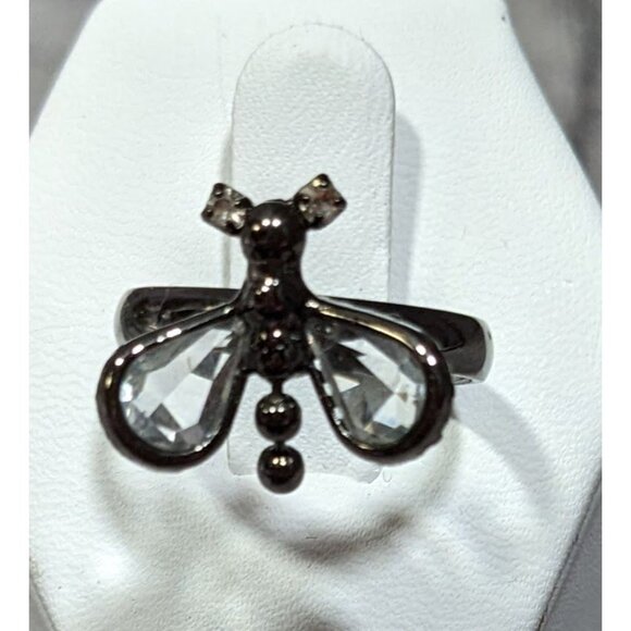 Whimsygoth Fairycore Black Dragonfly Adjustable Ring With Clear Gems - Picture 1 of 10